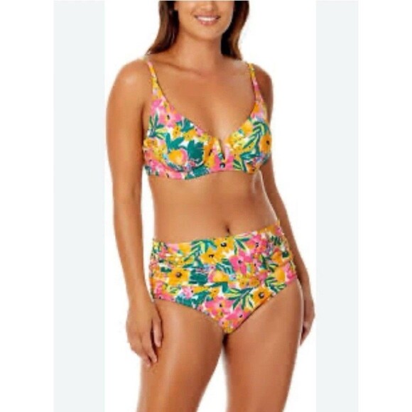Anne Cole V-Wire Floral Bikini Top &  Convertible Bottom -Pink, Yellow, Green 2X - Picture 1 of 16
